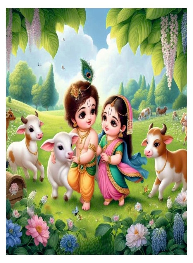 Sky Flying Vinyl Baby Krishna With Radha And Little Cows Wall Poster For Living Room, Kids Room, Office (Size - 41Cm X 41Cm)-Self-Adhesive - Image 1
