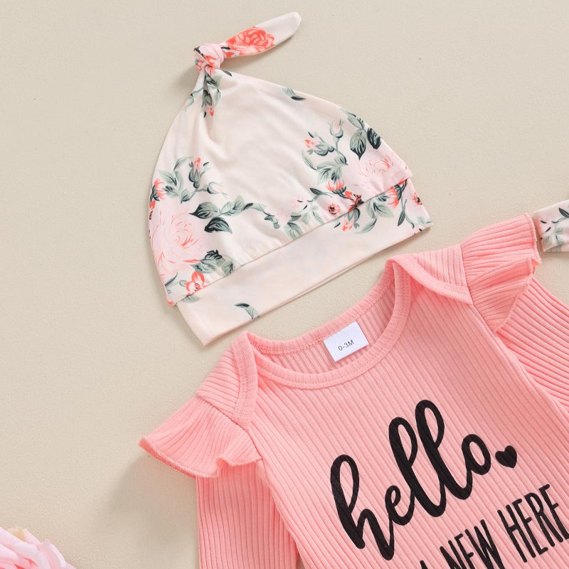wybzd Im New Here Newborn Outfit Girl Boy Coming Home Clothes Ribbed Long Sleeve Romper Top Floral Pants Set 4pcs (A Pink New Here, 0-3 Months) - Image 2