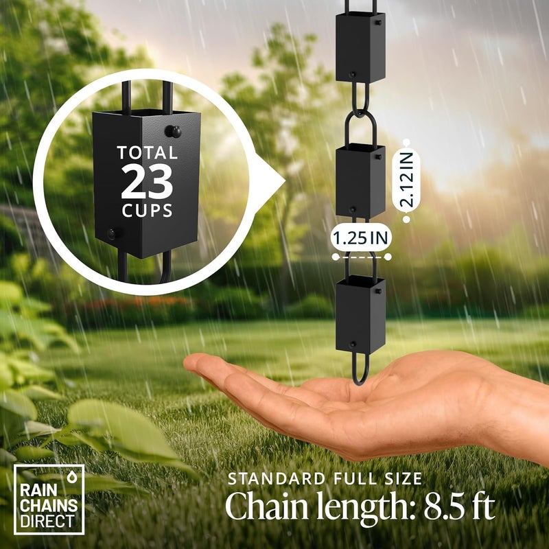 Rain Chains Direct Store - Square Link Rain Chain - 8.5 FT - Durable Black Powder-Coated Aluminum - Premium Rain Chains for Gutters - Image 2