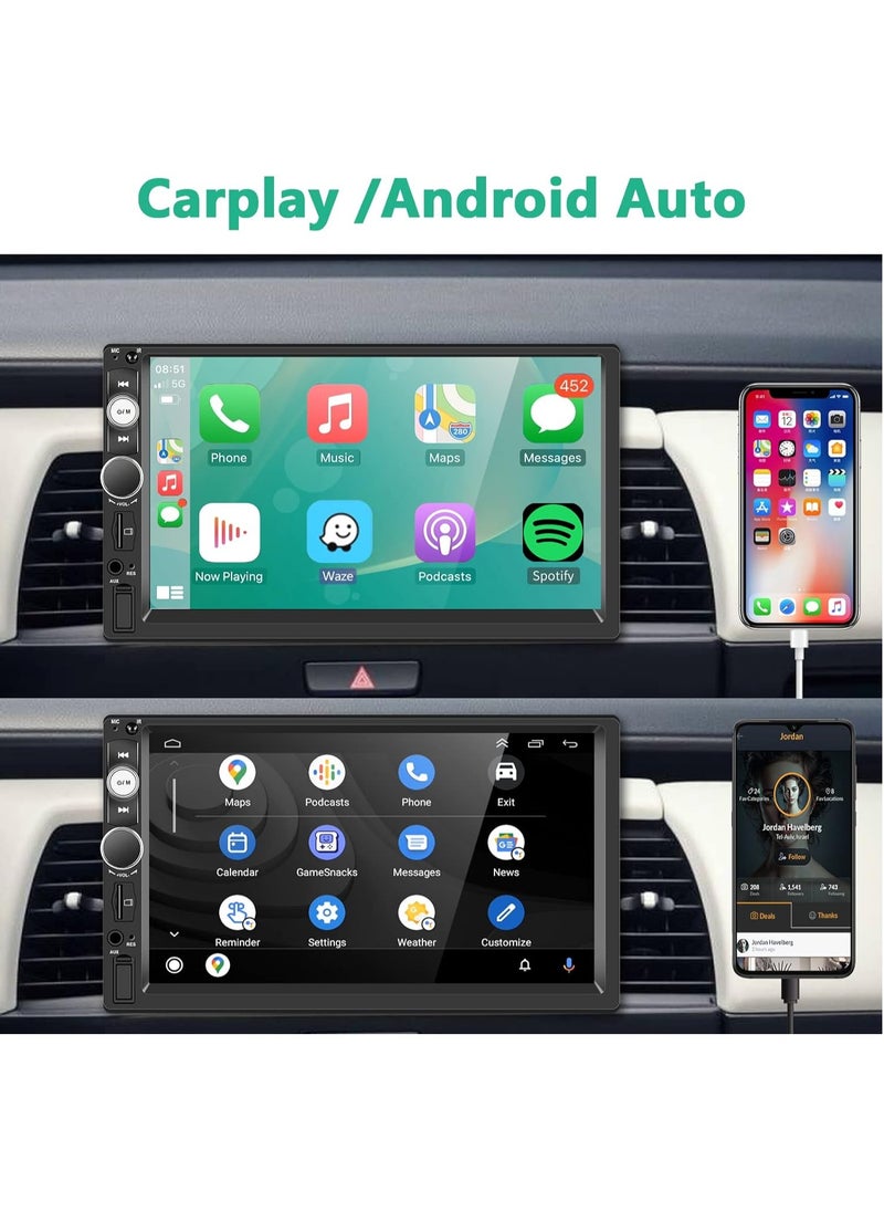 Double Din Car Stereo with Carplay Android Auto, 7 Inch HD Car Touchscreen with 12 LED Backup Camera, Car Audio Receiver, MP5 Player Support Bluetooth Mirror Link SWC, Car Radio Receiver( 64G Card)