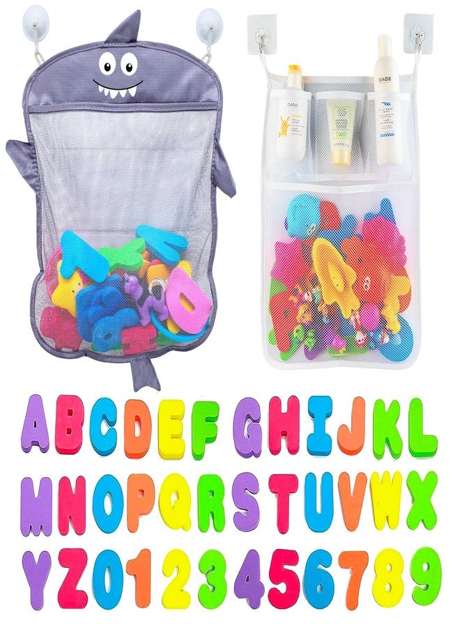 Comfylife Baby Bath Toy Organizer - Shark +36 Bath Letters & Numbers +Extra Bath Toy Storage Net & 10 Strong Hooks, Great Bath Net for Kids, Cute Bathtub Toy Organizer and Bath/Shower Caddy Solution - Image 1