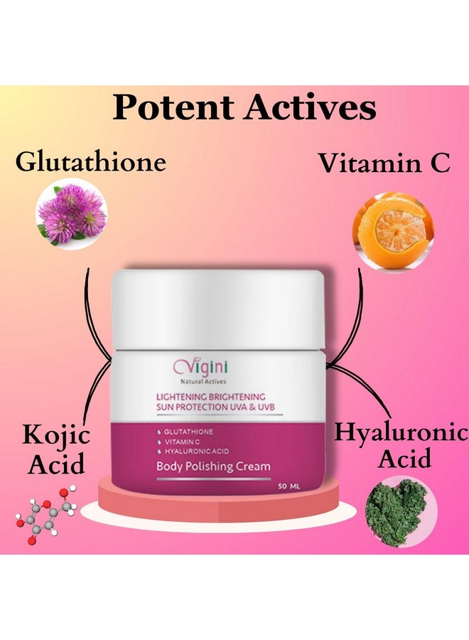 فيجيني كريم تفتيح البشرة وتلميعها ومرطب الجسم I مع الجلوتاثيون وفيتامين C وحمض الهيالورونيك I والتصبغ والبقع الداكنة وإزالة الإبطين والركبتين والمرفقين I الرجال والنساء 50 مل - Image 3