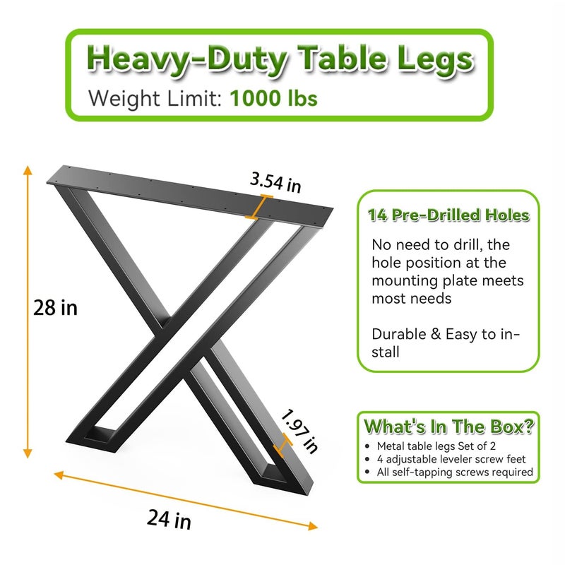 HIRVALL Metal Table Legs XShaped Industrial Desk 28 Inch Set of 2 Heavy Duty Furniture for Dining Office Desk Coffee Console 28 H X24 W - Image 5