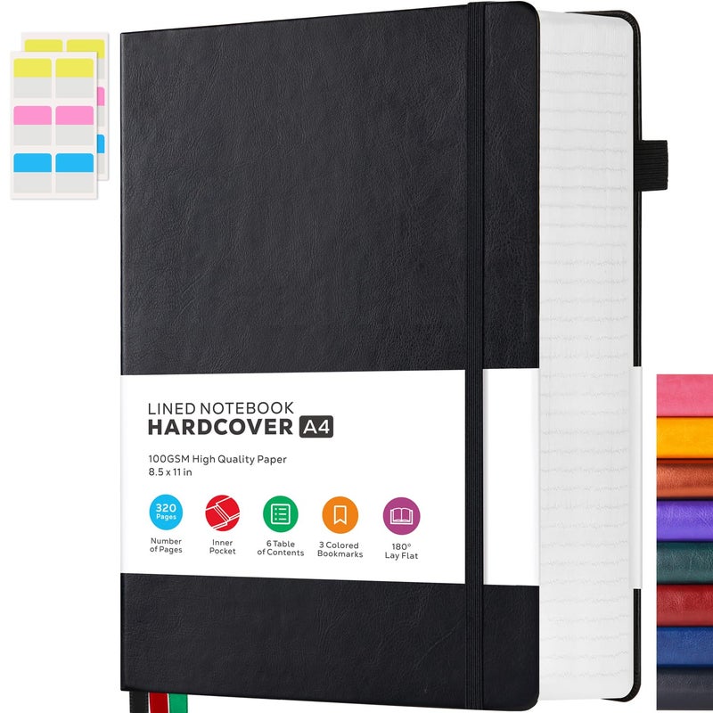 FOCUS DAY Notebooks College Ruled, A4 (8.5 x 11) Large Notebook Journal with 100GSM Lined Paper, Hardcover Leather Journaling Notebooks for Women & Men, 320 Pages, Big Black Notebook - Image 1