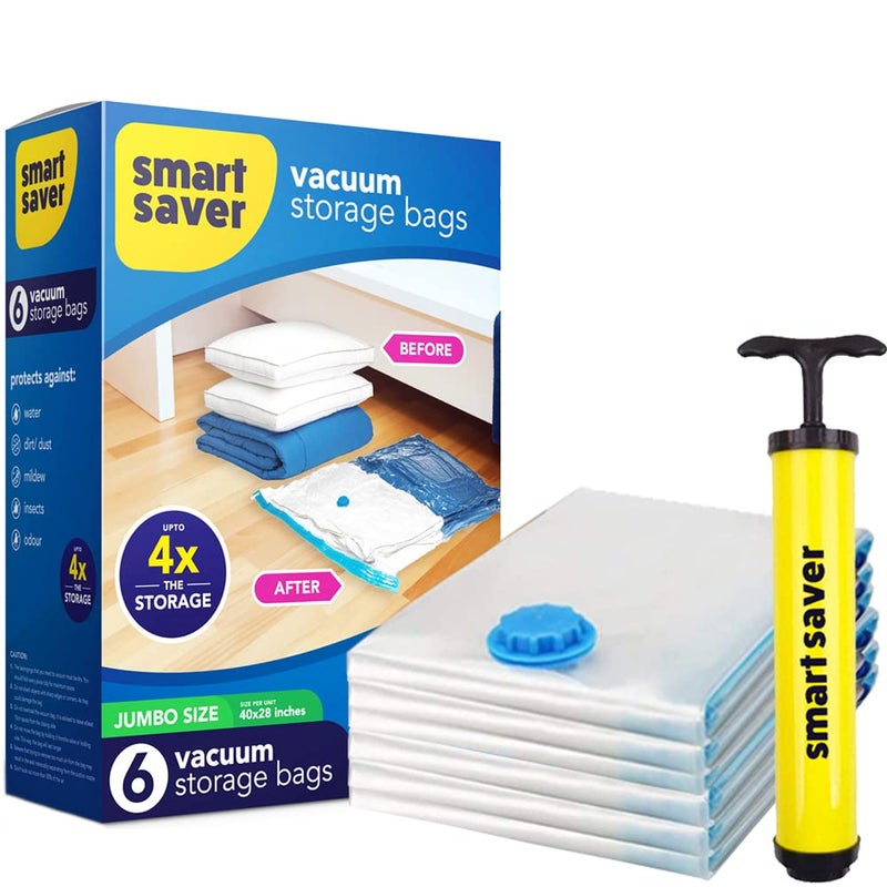 Smart Saver 6 Jumbo Vacuum Bags for Travel, Space Saver Bags Compression Storage Bags for Clothes Vacuum Sealer Bags for Storage Vaccine Sealed Packing Ziplock Bag with Travelling Hand Pump (70x100cm) - Image 1