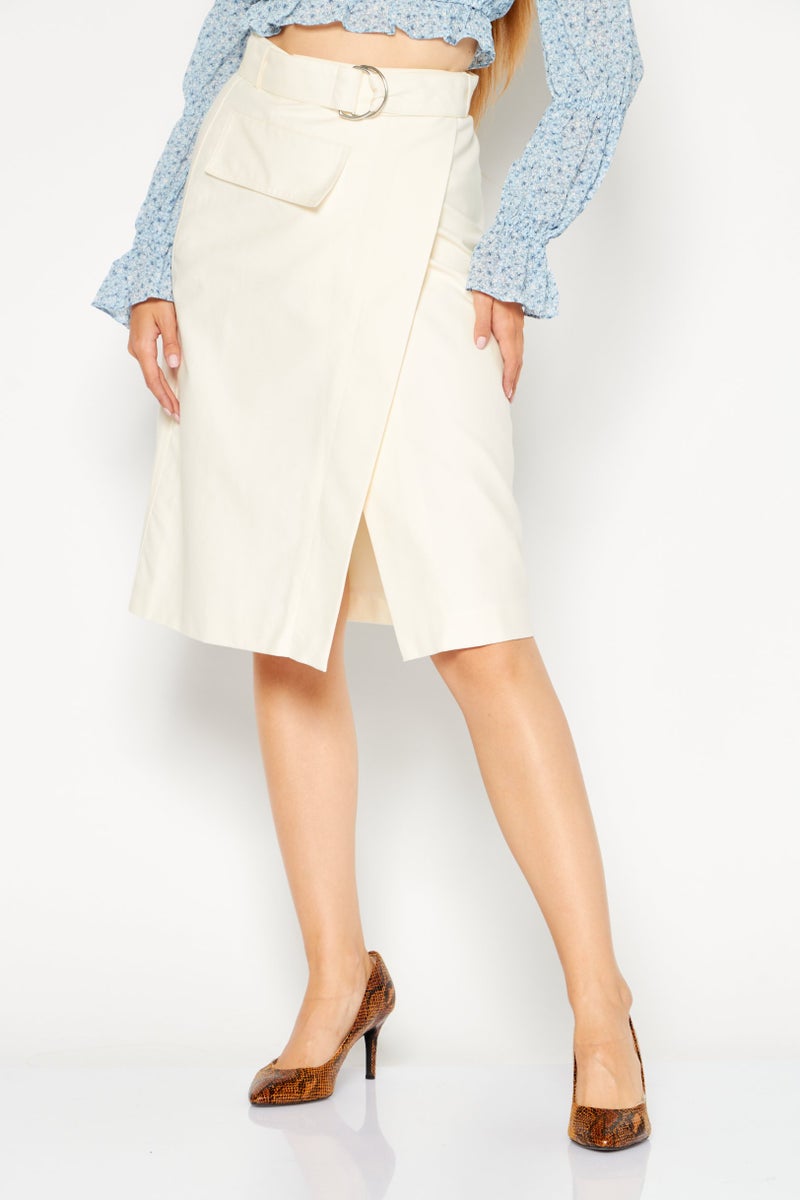 LACOSTE Women Plain Belted Midi Skirt, Ivory  - Image 1