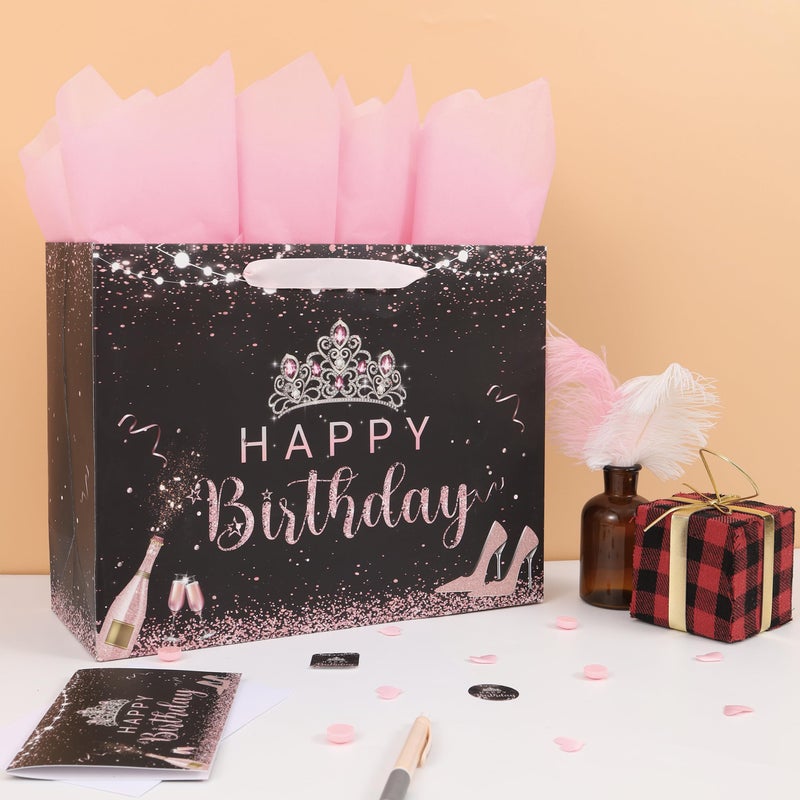wishinside 13â€ Large Black Birthday Gift Bag Set with Handles, Greeting Card, Pink Tissue Papers and Stickers for Girls Women Kids Teens, Tiara Design, 1 Pcs - Image 5