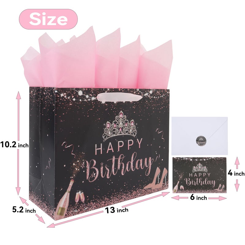 wishinside 13â€ Large Black Birthday Gift Bag Set with Handles, Greeting Card, Pink Tissue Papers and Stickers for Girls Women Kids Teens, Tiara Design, 1 Pcs - Image 2