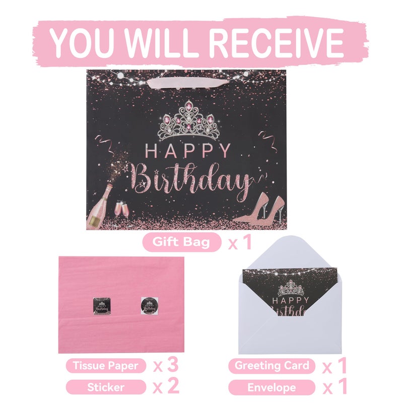 wishinside 13â€ Large Black Birthday Gift Bag Set with Handles, Greeting Card, Pink Tissue Papers and Stickers for Girls Women Kids Teens, Tiara Design, 1 Pcs - Image 3