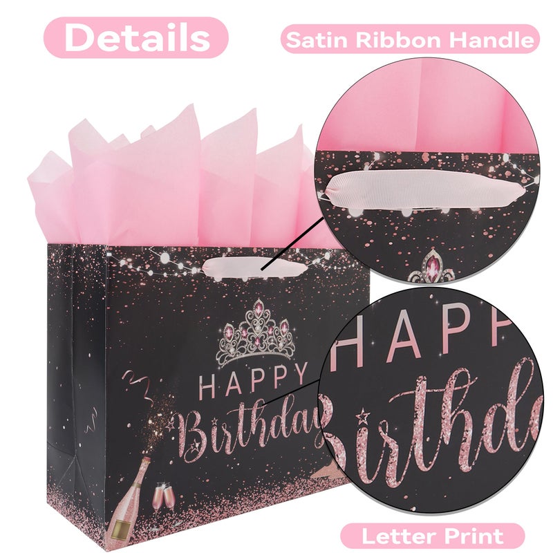 wishinside 13â€ Large Black Birthday Gift Bag Set with Handles, Greeting Card, Pink Tissue Papers and Stickers for Girls Women Kids Teens, Tiara Design, 1 Pcs - Image 4