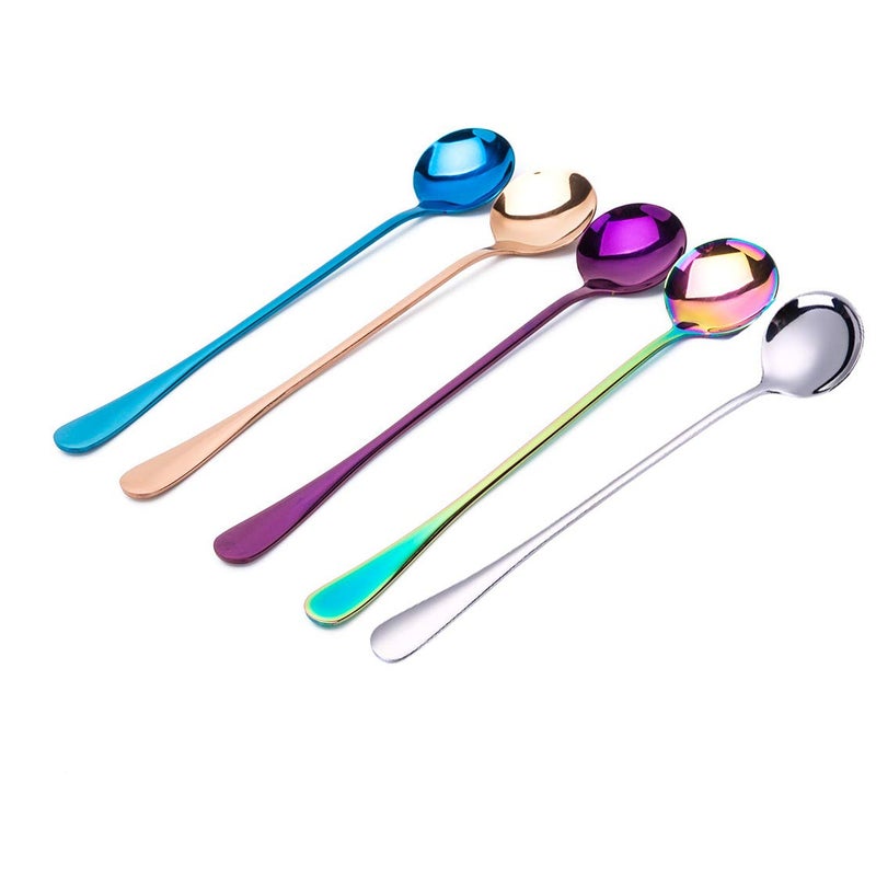 Long Handle Magic Tea Stainless Steel Multicolored Rainbow Spoon Set  5 Pieces for Iced Tea Ice Cream Coffee Milkshake Dessert and Cocktail Stirring