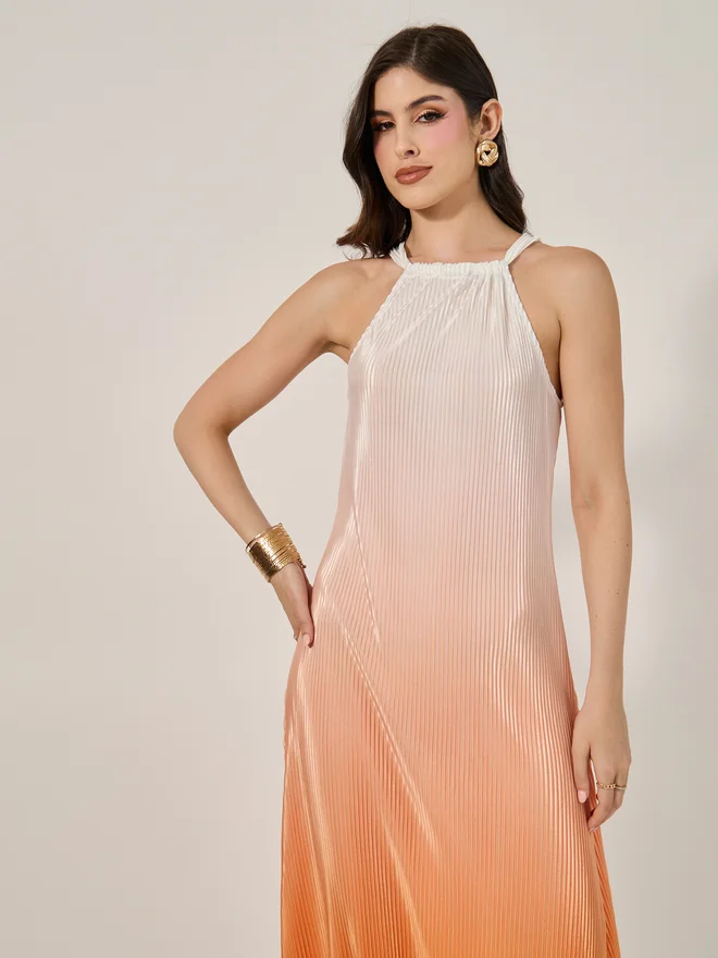 تايك تو Take Two Orange Pleated Sleeveless Halter Neck Maxi Dress