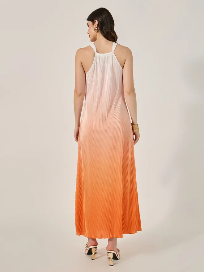 تايك تو Take Two Orange Pleated Sleeveless Halter Neck Maxi Dress