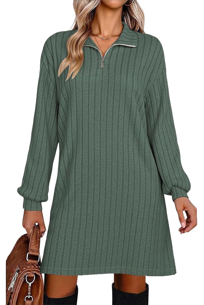 Halife Women's Casual Knit Sweater Dress with Zipper Lapel V Neck Long Sleeve Dresses for Wedding Guest 2025 Fall Dress Green L - Image 1