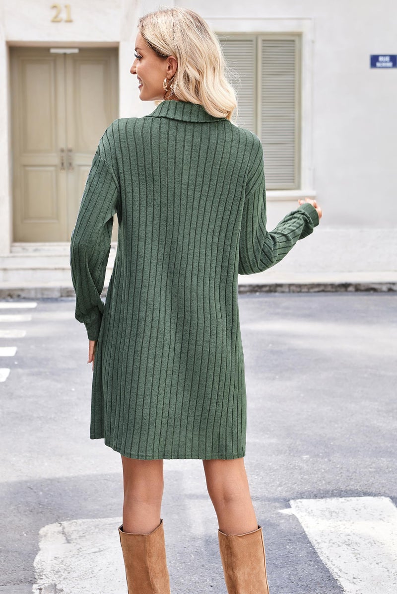 Halife Women's Casual Knit Sweater Dress with Zipper Lapel V Neck Long Sleeve Dresses for Wedding Guest 2025 Fall Dress Green L - Image 4