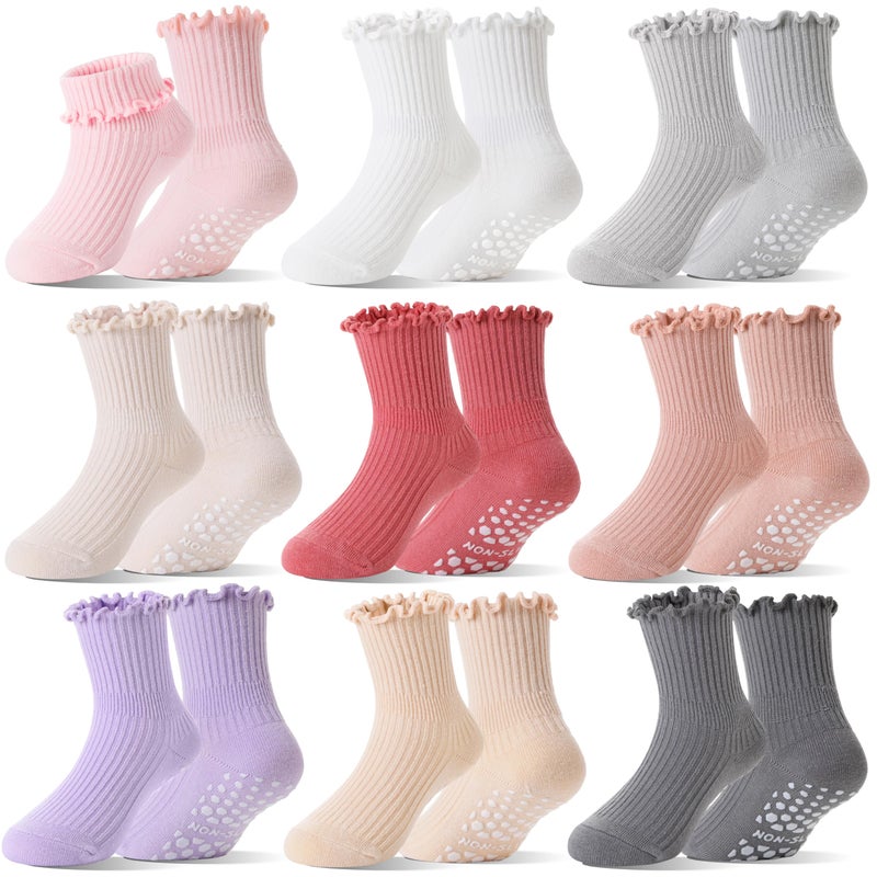 Welwoos Baby Girls Toddlers Ruffle Grips Socks Uniform School Non Slip Anti Skid Dress Frilly Gift Cotton Crew Socks with Grippers 9 Pairs for Kids Stocking Stuffers(Assorted Color,3-5T) - Image 1