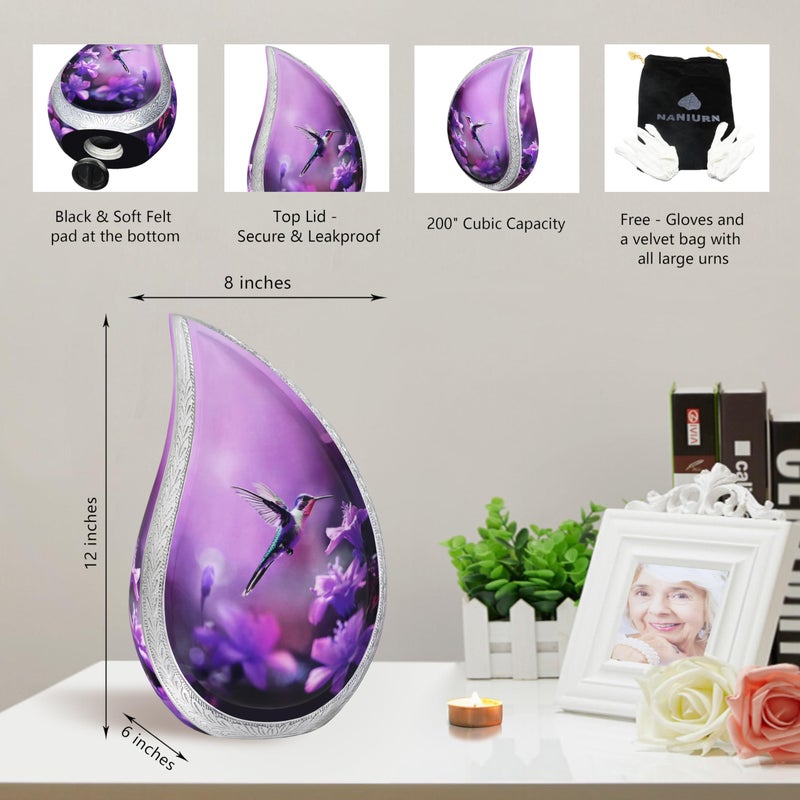 NANIURN Urn for Ashes for Women & Male, Cremation Urns for Human Ashes Adult Female and Man, Funeral Urn, Large Tear Drop Model Decorative, Burial, Purple Flower with Hummingbird - Full Size Teardrop - Image 2