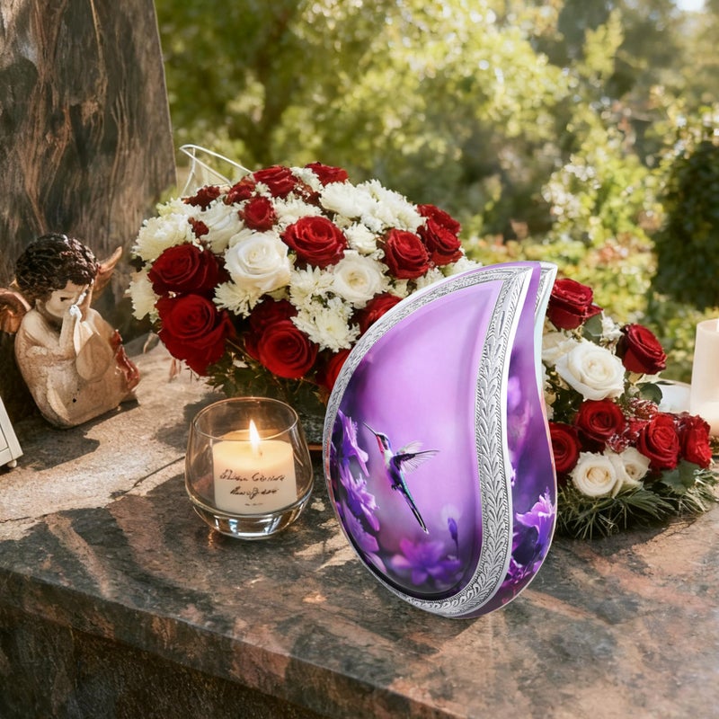 NANIURN Urn for Ashes for Women & Male, Cremation Urns for Human Ashes Adult Female and Man, Funeral Urn, Large Tear Drop Model Decorative, Burial, Purple Flower with Hummingbird - Full Size Teardrop - Image 4