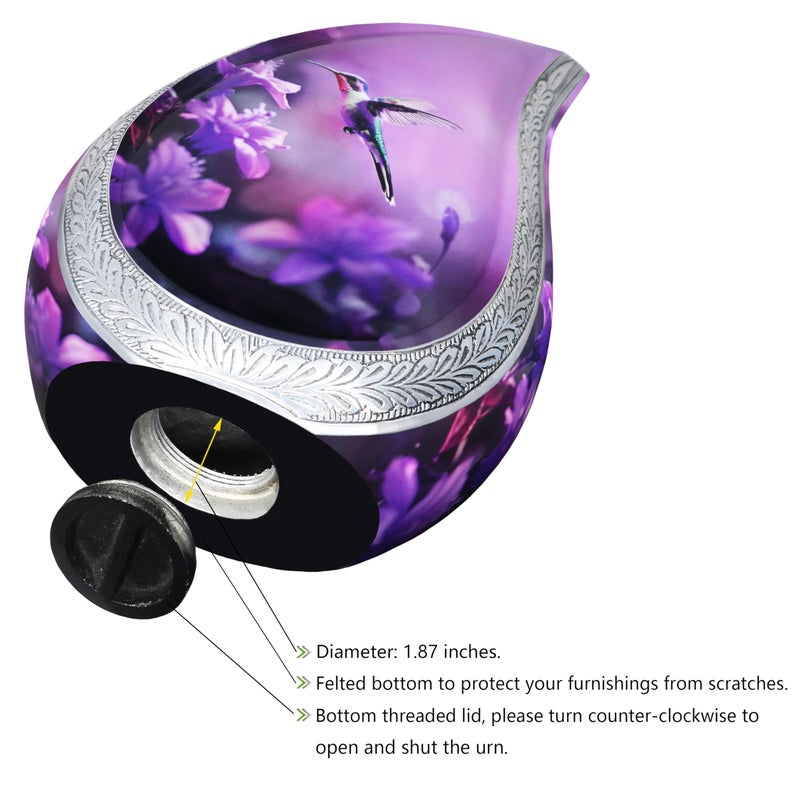 NANIURN Urn for Ashes for Women & Male, Cremation Urns for Human Ashes Adult Female and Man, Funeral Urn, Large Tear Drop Model Decorative, Burial, Purple Flower with Hummingbird - Full Size Teardrop - Image 5