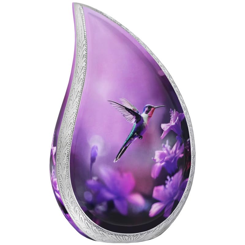 NANIURN Urn for Ashes for Women & Male, Cremation Urns for Human Ashes Adult Female and Man, Funeral Urn, Large Tear Drop Model Decorative, Burial, Purple Flower with Hummingbird - Full Size Teardrop - Image 1