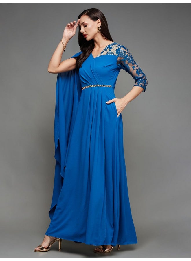Miss Chase - Miss Chase Women's V-Neck Asymmetric Embellished Maxi Georgette Dress (MCSS23D98-54-229-05, Royal Blue, L) - Image 1