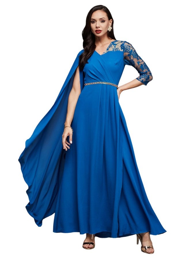 Miss Chase - Miss Chase Women's V-Neck Asymmetric Embellished Maxi Georgette Dress (MCSS23D98-54-229-05, Royal Blue, L) - Image 1
