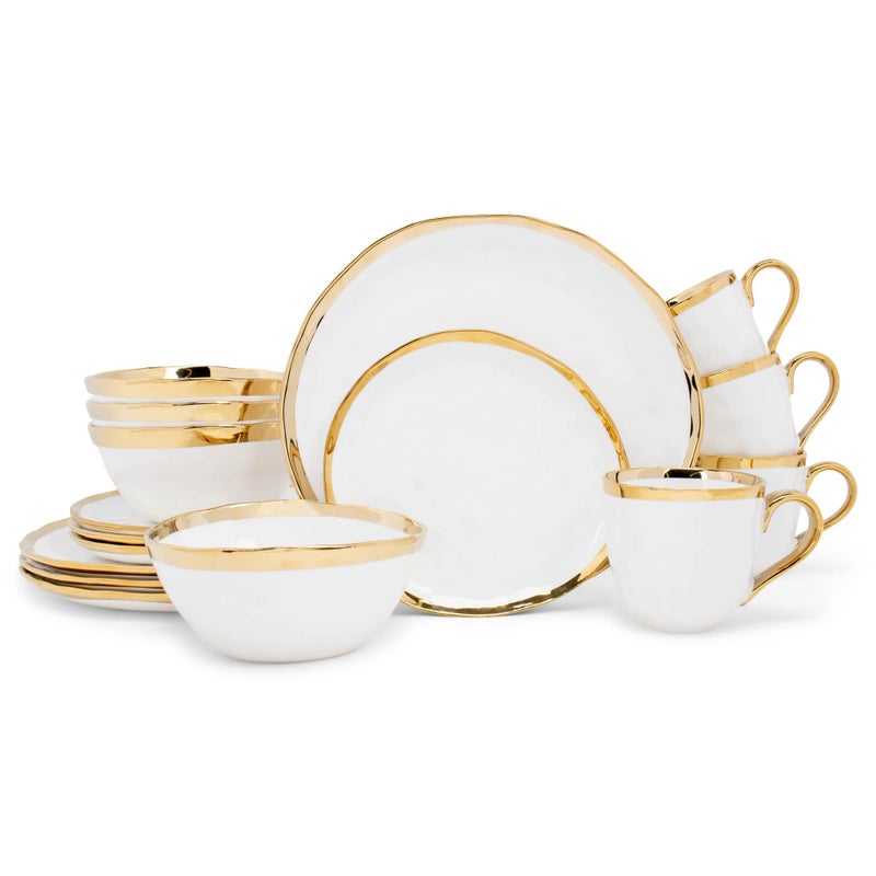 Elanze Designs 16Piece Metallic Bubble Porcelain Ceramic Plates Bowls Mugs Dinnerware Set  Service for 4 White With Gold Accents