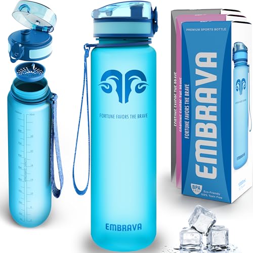 Embrava Best Sports Water Bottle - 32oz - Spill Proof & Lightweight - Perfect for Fitness & Outdoor Activities - Reusable Plastic - Narrow Mouth, Quart Sized - One-Click Water Bottle - Blue - Image 1