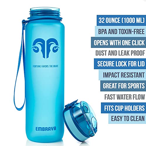 Embrava Best Sports Water Bottle - 32oz - Spill Proof & Lightweight - Perfect for Fitness & Outdoor Activities - Reusable Plastic - Narrow Mouth, Quart Sized - One-Click Water Bottle - Blue - Image 5