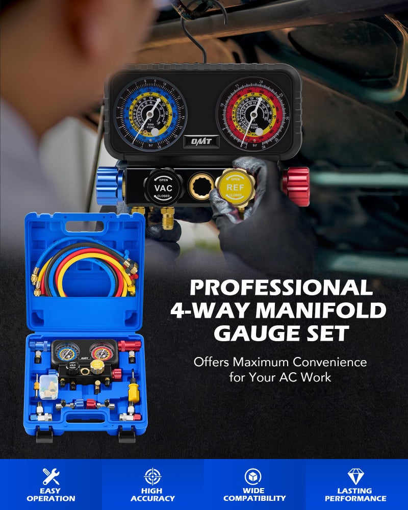 Orion Motor Tech مجموعة عدادات تكييف هواء أوريون موتور تك، مجموعة عدادات مانيفولد 4 طرق لغازات التبريد R1234yf R134a R404a، مجموعة عدادات سيارات مع خراطيم موصلات سريعة وصمامات ذاتية الإغلاق لشحن وتفريغ فريون السيارة - Image 2