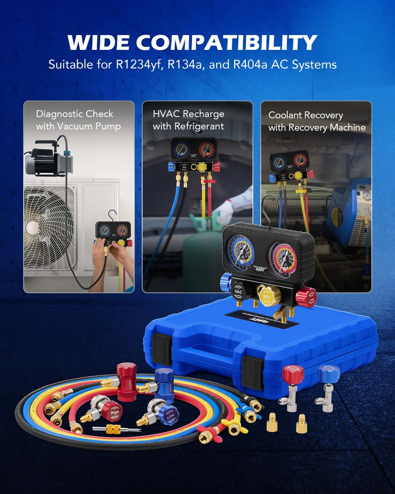 Orion Motor Tech مجموعة عدادات تكييف هواء أوريون موتور تك، مجموعة عدادات مانيفولد 4 طرق لغازات التبريد R1234yf R134a R404a، مجموعة عدادات سيارات مع خراطيم موصلات سريعة وصمامات ذاتية الإغلاق لشحن وتفريغ فريون السيارة - Image 5