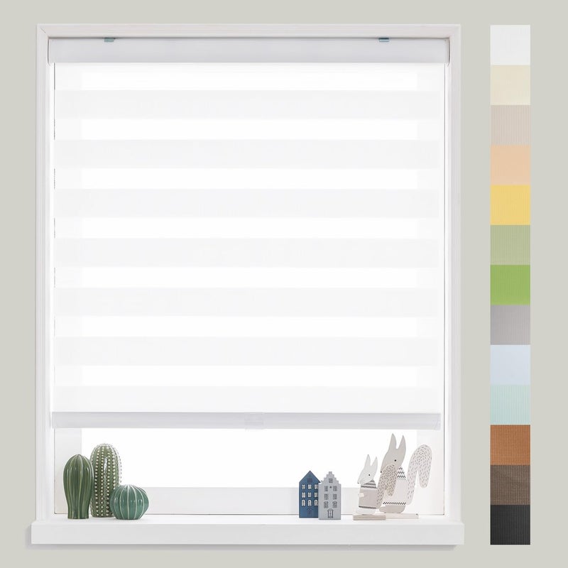 FOIRESOFT Standard Cordless Custom Zebra Roller Shades and Blinds Basic White W 27 x H 48 inch Dual Layer Sheer for Day and Night Light Control Privacy 20 to 105 in Height