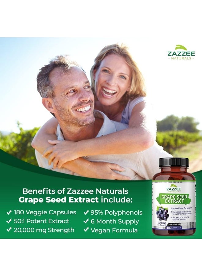 Zazzee Naturals - Zazzee Naturals 95% Polyphenols Potent 50:1 Grape Seed Extract 180 Vegan Capsules (20000mg Strength, 400mg Per Capsule) - Image 1