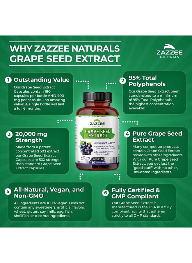 Zazzee Naturals - Zazzee Naturals 95% Polyphenols Potent 50:1 Grape Seed Extract 180 Vegan Capsules (20000mg Strength, 400mg Per Capsule) - Image 1