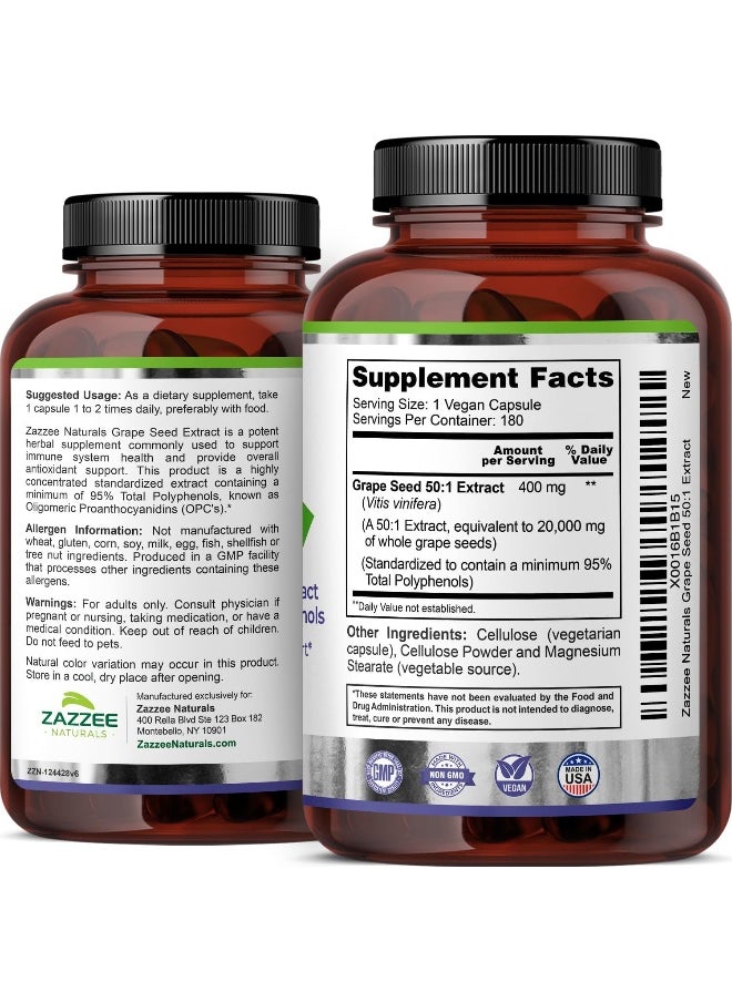 Zazzee Naturals - Zazzee Naturals 95% Polyphenols Potent 50:1 Grape Seed Extract 180 Vegan Capsules (20000mg Strength, 400mg Per Capsule) - Image 1
