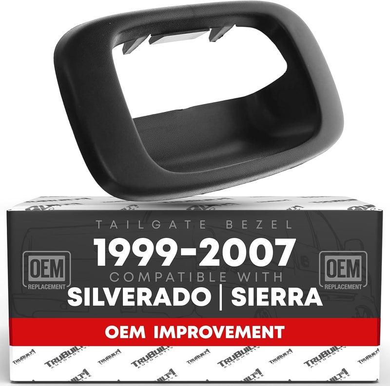 T1A Tailgate Handle Bezel w/Metal Clip - Compatible with 1999-2006 Chevrolet Silverado 1500 2500 3500; 99-06 GMC Sierra 1500 2500 3500 HD Classic - Textured Black - OEM 15228539, 76106, GM1916102 - Image 1