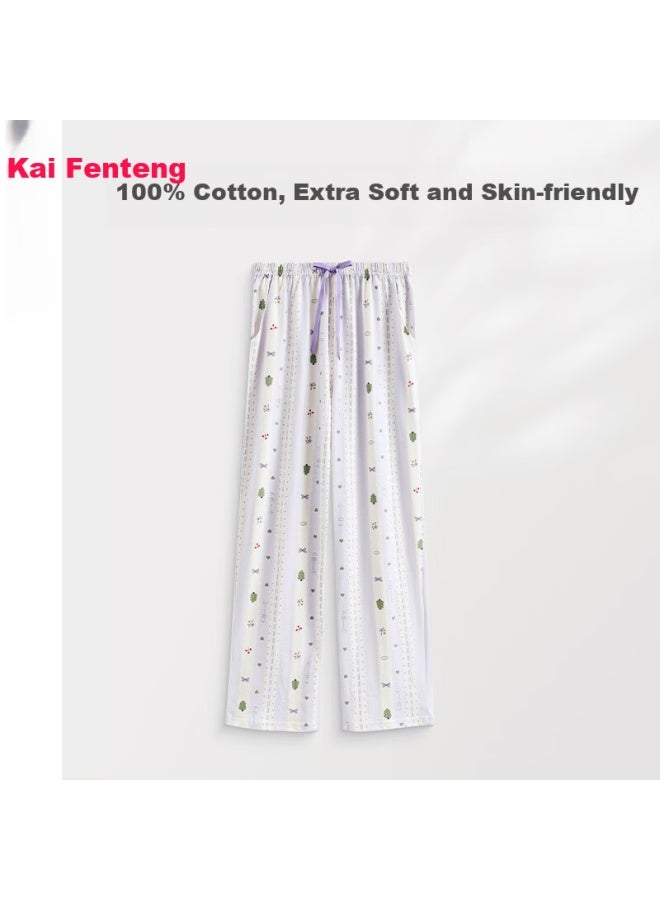 Fenton Fenteng Women's Summer New Cotton Thin Breathable Casual Home Pants Light Purple Striped XL - Image 1