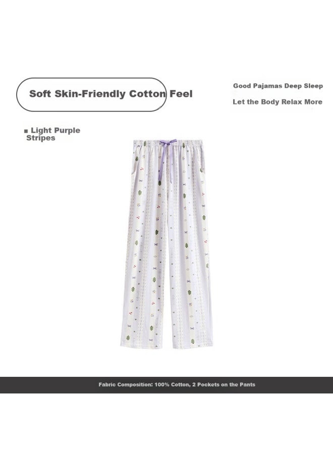 Fenton Fenteng Women's Summer New Cotton Thin Breathable Casual Home Pants Light Purple Striped XL - Image 2