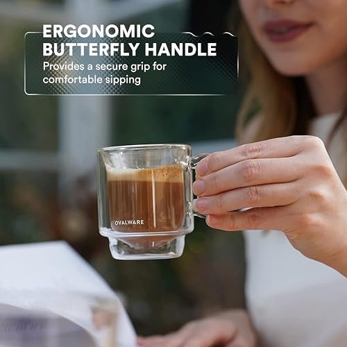 ovalware RJ3 Espresso Coffee Cups 4oz/120ml (Set of 2) Double-Walled Cup w/Solid Butterfly Handle - Elegant Borosilicate Espresso Shot Mug - Stackable Insulated Transparent Demitasse - Image 5
