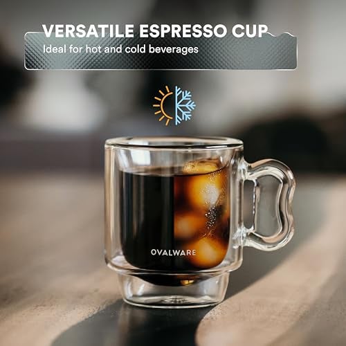 ovalware RJ3 Espresso Coffee Cups 4oz/120ml (Set of 2) Double-Walled Cup w/Solid Butterfly Handle - Elegant Borosilicate Espresso Shot Mug - Stackable Insulated Transparent Demitasse - Image 3