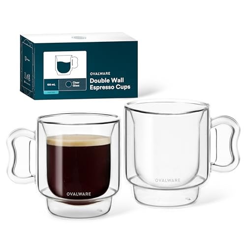 ovalware RJ3 Espresso Coffee Cups 4oz/120ml (Set of 2) Double-Walled Cup w/Solid Butterfly Handle - Elegant Borosilicate Espresso Shot Mug - Stackable Insulated Transparent Demitasse - Image 1