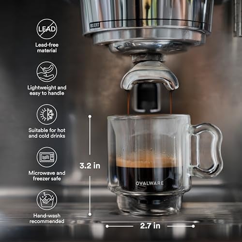 ovalware RJ3 Espresso Coffee Cups 4oz/120ml (Set of 2) Double-Walled Cup w/Solid Butterfly Handle - Elegant Borosilicate Espresso Shot Mug - Stackable Insulated Transparent Demitasse - Image 2