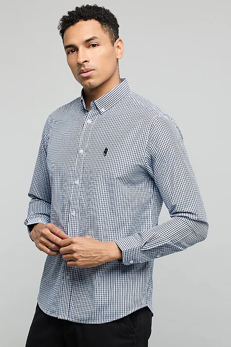 R&B Checked Shirt with Button-Down Collar and Long Sleeves