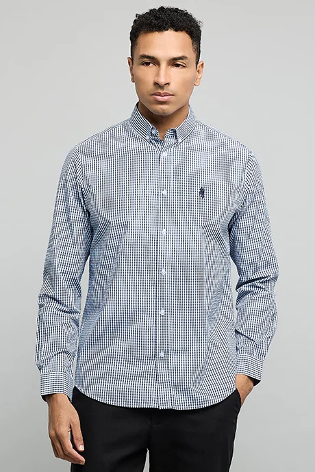 R&B Checked Shirt with Button-Down Collar and Long Sleeves