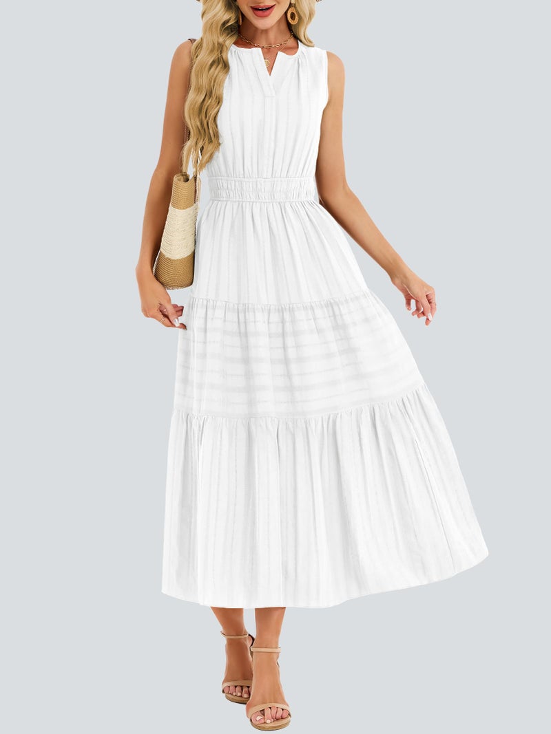 Funlingo Womens White Summer Maxi Dress Business Casual Sleeveless Flowy Smocked Trim Midi Dresses with Pockets for Vacations Graduation Wedding Vestidos Blancos para Mujer M - Image 5