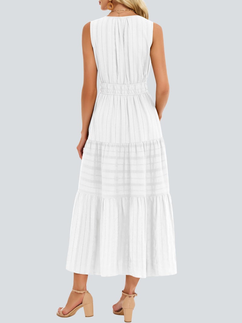 Funlingo Womens White Summer Maxi Dress Business Casual Sleeveless Flowy Smocked Trim Midi Dresses with Pockets for Vacations Graduation Wedding Vestidos Blancos para Mujer M - Image 4