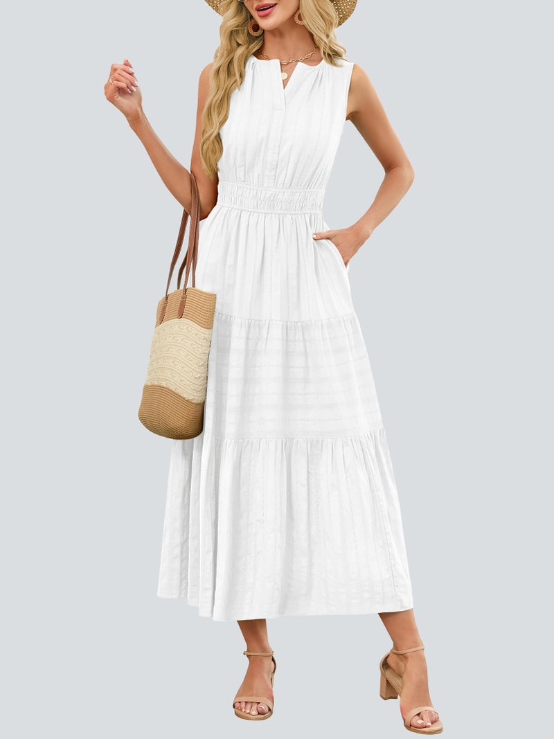 Funlingo Womens White Summer Maxi Dress Business Casual Sleeveless Flowy Smocked Trim Midi Dresses with Pockets for Vacations Graduation Wedding Vestidos Blancos para Mujer M - Image 2