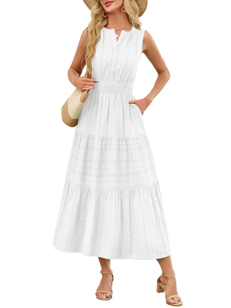 Funlingo Womens White Summer Maxi Dress Business Casual Sleeveless Flowy Smocked Trim Midi Dresses with Pockets for Vacations Graduation Wedding Vestidos Blancos para Mujer M - Image 1