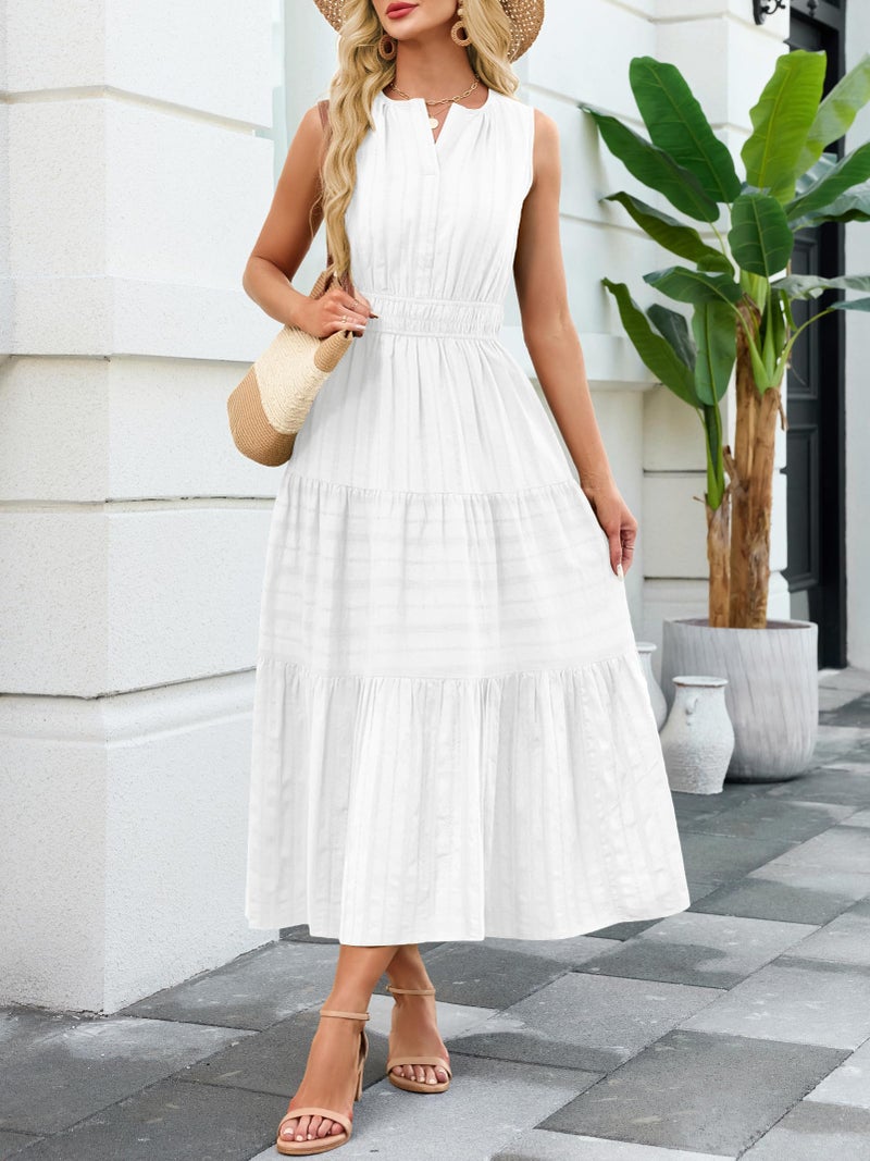 Funlingo Womens White Summer Maxi Dress Business Casual Sleeveless Flowy Smocked Trim Midi Dresses with Pockets for Vacations Graduation Wedding Vestidos Blancos para Mujer M - Image 3