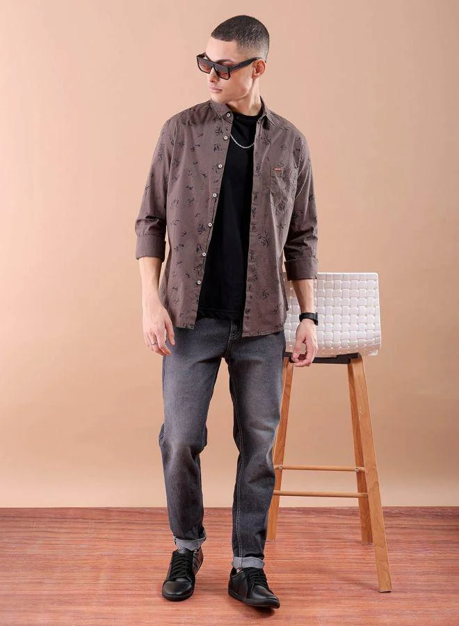 شركة المرآب الهندية Men Slim Fit Graphic Print Full Sleeves Spread Collar Casual Shirt